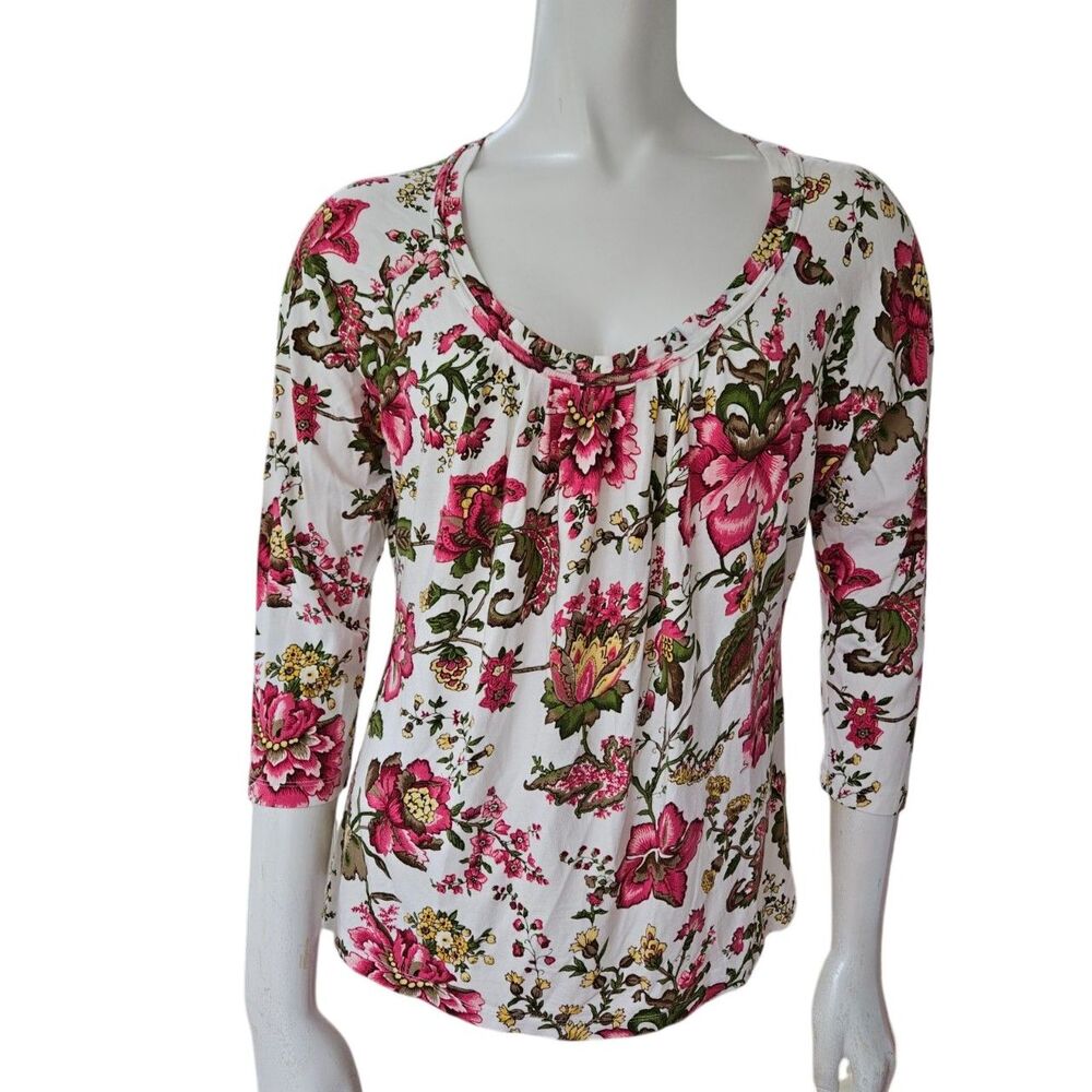 Talbots Petite Pink White Green Floral Scoop Neck Blouse Womens Size Large